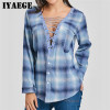 IYAEGE Womens Tops And Blouses 2018 Spring Plaid Shirts Casual Long Sleeve Blouse Sexy Lace Up Shirt Women Tunic Tops Blusas XXL