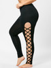 AZULINA Plus Size Lattice Cut Out Leggings Casual Skinny Black High Waist Pencil Pants Women Trousers Big Size Women Clothes 5XL