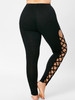 AZULINA Plus Size Lattice Cut Out Leggings Casual Skinny Black High Waist Pencil Pants Women Trousers Big Size Women Clothes 5XL