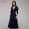 S.FLAVOR Women Thin A-line Dress Elegant V-neck Mid Calf dress for female Women Casual solid color Spring vestidos with belt