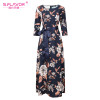 S.FLAVOR women flowers printing elegant dress good quality O-neck floor-length vestidos with belt women casual autumn vestidos