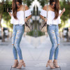 catonATOZ 2074 New Women`s Distressed Mid High Waist Jeans Cotton Denim Pants Stretch Womens Ripped Skinny Jeans For Female