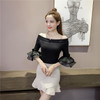 2017 Autumn off shoulder cropped white sweater tops women slash neck sexy korean striped flare sleeve knitted pullovers sweaters