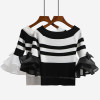 2017 Autumn off shoulder cropped white sweater tops women slash neck sexy korean striped flare sleeve knitted pullovers sweaters