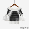 2017 Autumn off shoulder cropped white sweater tops women slash neck sexy korean striped flare sleeve knitted pullovers sweaters