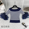 2017 Autumn off shoulder cropped white sweater tops women slash neck sexy korean striped flare sleeve knitted pullovers sweaters