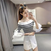 2017 Autumn off shoulder cropped white sweater tops women slash neck sexy korean striped flare sleeve knitted pullovers sweaters