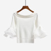 2017 Autumn off shoulder cropped white sweater tops women slash neck sexy korean striped flare sleeve knitted pullovers sweaters