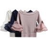 2017 Autumn off shoulder cropped white sweater tops women slash neck sexy korean striped flare sleeve knitted pullovers sweaters