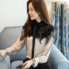 2017 Autumn Long Flare Sleeve Stand Collar Bow Tie Chiffon Shirts Women Elegant Vintage Lace Patchwork Chiffon Blouses Tops