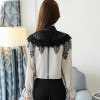 2017 Autumn Long Flare Sleeve Stand Collar Bow Tie Chiffon Shirts Women Elegant Vintage Lace Patchwork Chiffon Blouses Tops