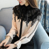 2017 Autumn Long Flare Sleeve Stand Collar Bow Tie Chiffon Shirts Women Elegant Vintage Lace Patchwork Chiffon Blouses Tops