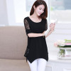 Soperwillton 2016 New Summer Women Lace Blouse Shirt Long Section Plus size 5XL Bottoming Shirt Lace Stitching Tops Blouses D086
