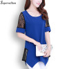 Soperwillton 2016 New Summer Women Lace Blouse Shirt Long Section Plus size 5XL Bottoming Shirt Lace Stitching Tops Blouses D086