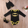2016 Fashion Newborn Baby Boy Clothes Batman Cotton Romper+Shoes+Hat 3Pcs Outfits Set Bebes Clothing Set