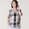 2017 New Summer kimono Casual Women Blouses Plus Size Loose linen Cotton Plaid Shirt round Neck Blusas Feminina Women tops
