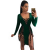 S - XXXL Plus Size Women Party Dresses 2017 Autumn V Neck Long Sleeve Lace Up Mini Dress Sexy Split Night Club Bandage Dress