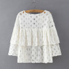 2016 Summer Plus Size Women Short Blouses Shirts o neck 3/4 sleeve lace hollow out loose ruffles blouse ladies tops White Black