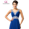 Grace Karin Royal Blue Evening Dresses Deep V Neck Chiffon Sequin Elegant Long Evening Gowns Formal Party Dresses Robe De Soiree