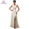 Grace Karin Long Beige Evening Dresses 2017 Deep V-Neck High-Slit Chiffon Open back Party Dresses Formal Gowns robe de soiree