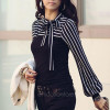 Formal Elegant Office Lady Women Black White Striped Blouses Bow Bowknot Long Sleeve Shirt Tops Blouse Tops S M L