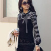 Formal Elegant Office Lady Women Black White Striped Blouses Bow Bowknot Long Sleeve Shirt Tops Blouse Tops S M L