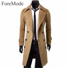 ForeMode 2017 Trench Coat Men Solid Color Long Trench Coat Mens Trench Coat Slim Fit Trench Double Breasted Overcoat 3 Colors