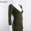ForeFair Sexy V-neck 3/4 Sleeve Ruched Autumn Dress Black Army Green Long Bodycon Dress Women