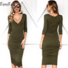 ForeFair Sexy V-neck 3/4 Sleeve Ruched Autumn Dress Black Army Green Long Bodycon Dress Women