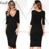 ForeFair Sexy V-neck 3/4 Sleeve Ruched Autumn Dress Black Army Green Long Bodycon Dress Women