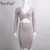 ForeFair Long Sleeve Bandage Bodycon Midi Dress Club Wear Elastic Cotton Elegant Sexy Pencil Party Dresses Blue Black White