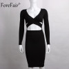 ForeFair Long Sleeve Bandage Bodycon Midi Dress Club Wear Elastic Cotton Elegant Sexy Pencil Party Dresses Blue Black White