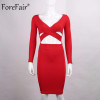 ForeFair Long Sleeve Bandage Bodycon Midi Dress Club Wear Elastic Cotton Elegant Sexy Pencil Party Dresses Blue Black White