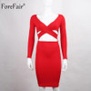 ForeFair Long Sleeve Bandage Bodycon Midi Dress Club Wear Elastic Cotton Elegant Sexy Pencil Party Dresses Blue Black White