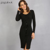 2016 Brand Women Winter Dress Tunic Midi Office Robe Black Long Sleeve Bodycon Button Casual Cardigan Dress Vestidos 942