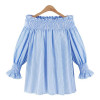 Elegant Blue Off Shoulder Female Blouse Shirt Girls Gray White Blouses Women Striped Tops XL-5XL