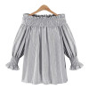 Elegant Blue Off Shoulder Female Blouse Shirt Girls Gray White Blouses Women Striped Tops XL-5XL