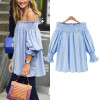 Elegant Blue Off Shoulder Female Blouse Shirt Girls Gray White Blouses Women Striped Tops XL-5XL