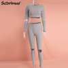 2016 Women Jumpsuit Two pieces Knitted Rompers outfits Long Pants Rompers Jumpsuit 2 Piece Set Crop Tops Bodycon Palysuit gray