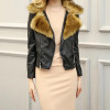 2016 Women Faux Leather Coat New   Turn-Down Faux Fox Fur Collar Black Full Sleeve Short PU Leather Bomber Jacket Women Furs 3