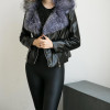 2016 Women Faux Leather Coat New   Turn-Down Faux Fox Fur Collar Black Full Sleeve Short PU Leather Bomber Jacket Women Furs 3