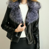 2016 Women Faux Leather Coat New   Turn-Down Faux Fox Fur Collar Black Full Sleeve Short PU Leather Bomber Jacket Women Furs 3