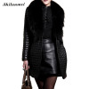2016 Winter Women Black Trench Leather Clothing Female Thick Large Fur Collar Coat Plaid Long Leather Coat Women Parkas Jackets
