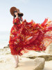 Popular Floral-Print Slim Fit Stripes V Neck Off-Shoulder Maxi Dress