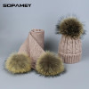 Pompom Hats for Women Raccoon Fur Pompom Hat Scarf Set Girls Boys PomPoms Knitted Beanies Hat Cap Brand Scarves for Women man
