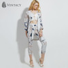 Vintacy Autumn Long Sleeve Floral Cardigan Women Gray Print Casual Loose Blouse Shirt Female Plus Size Thin Kimono Long Cardigan