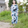 SCUWLINEN Vestidos 2017 Women Summer Dress Plus Size Loose Casual Vintage Printed Half-sleeve Linen Dress Long Party Dresses D04