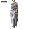 SCUWLINEN 2017 Summer Dresses Vintage Striped Batwing Sleeve Robe Maxi Long Loose Plus Size Women Dress Casual Linen Dress S193