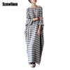 SCUWLINEN 2017 Summer Dresses Vintage Striped Batwing Sleeve Robe Maxi Long Loose Plus Size Women Dress Casual Linen Dress S193