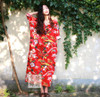 SCUWLINEN 2017 Summer Dress National Trend Women's Vintage V-neck Loose Linen Dress Plus Size Fluid Print Large Size Full Dress